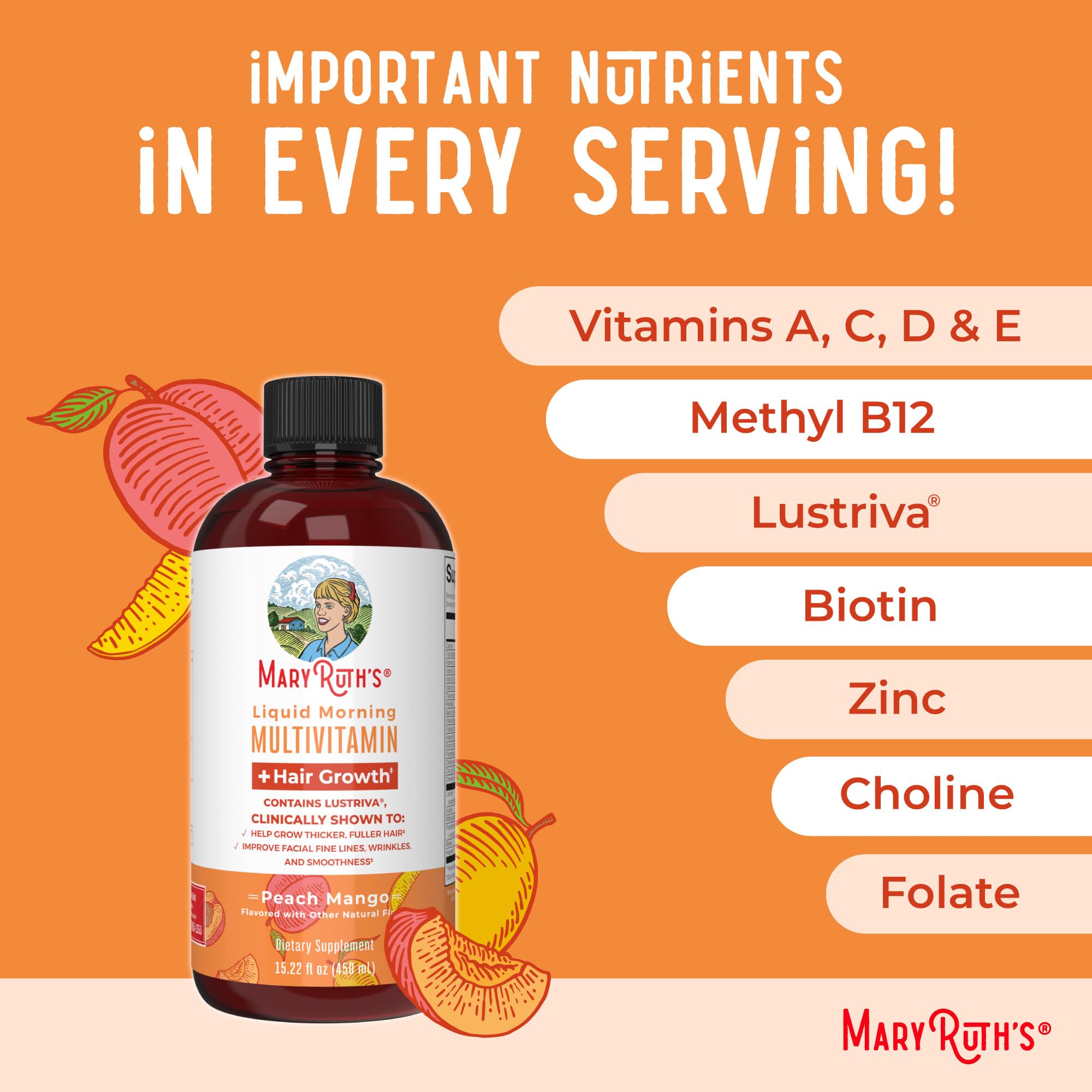 MaryRuth's MaryRuth's Liquid Morning Multivitamin +Hair Growth (Peach Mango, 15.22oz) & Iron Liquid (Berry) | Clean Label Project Verified® | Beauty, Immunity, & Overall Health | Vegan, Non-GMO