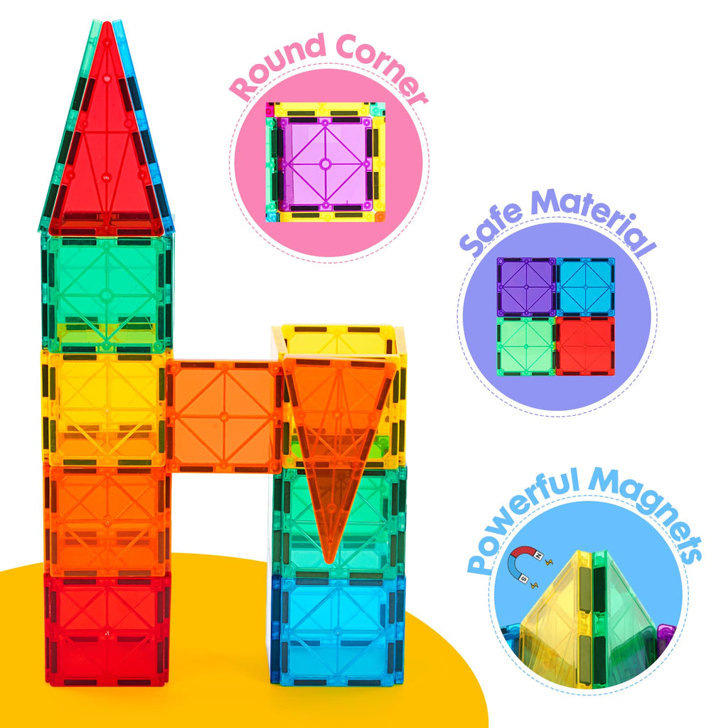 Gemmicc 100 PCS Magnetic Tiles with 2 Cars, STEM Approved Educational Magnet BuildingToys, Magnet Puzzles Stacking Blocks for Boys Girls