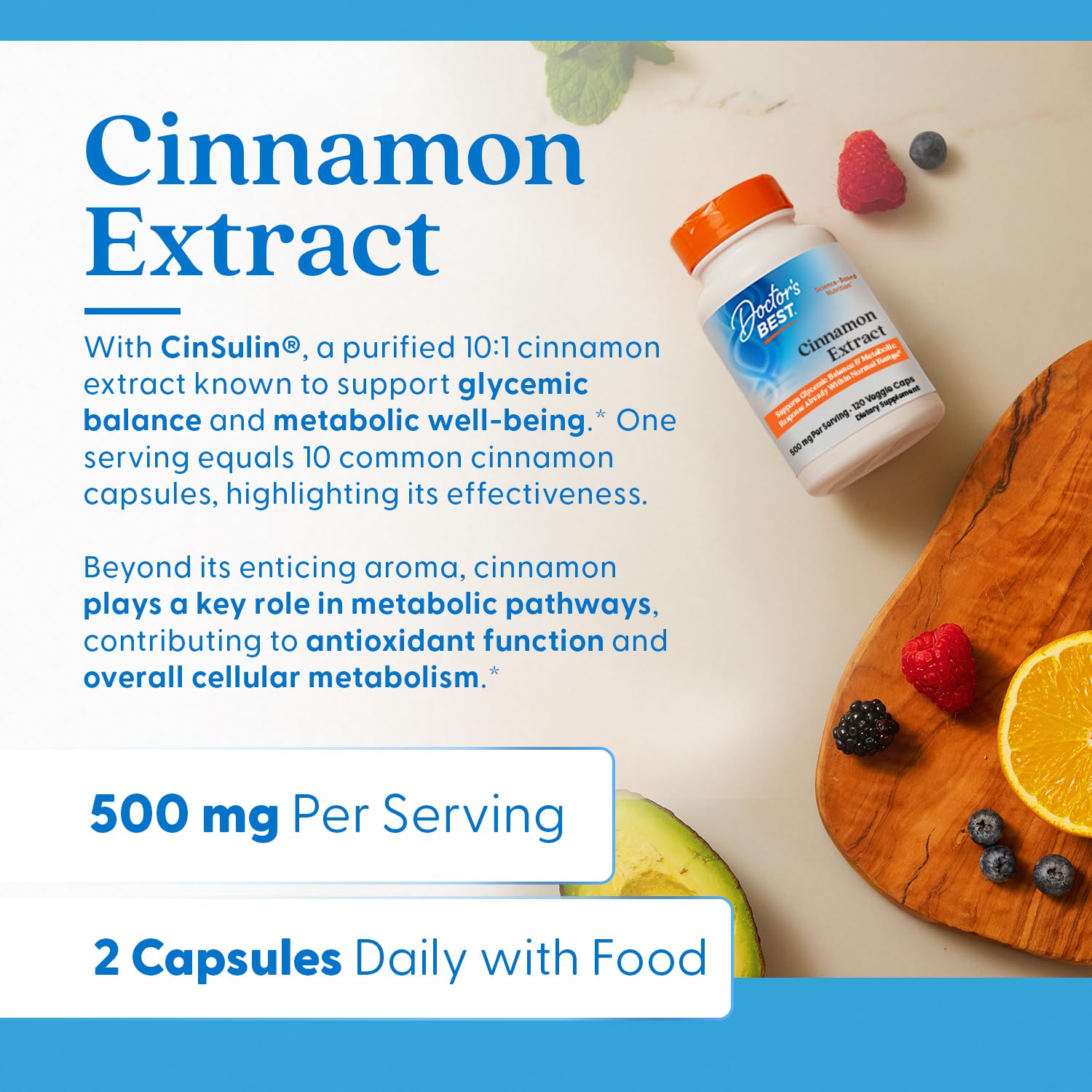 Doctor's Best Cinnamon Bark Extract Capsules - Cinnamon Supplement 500 mg with CinSulin for Men & Women, Supports Glycemic Balance & Metabolic Response Within Normal Range, Gluten Free - 120 Veg Caps