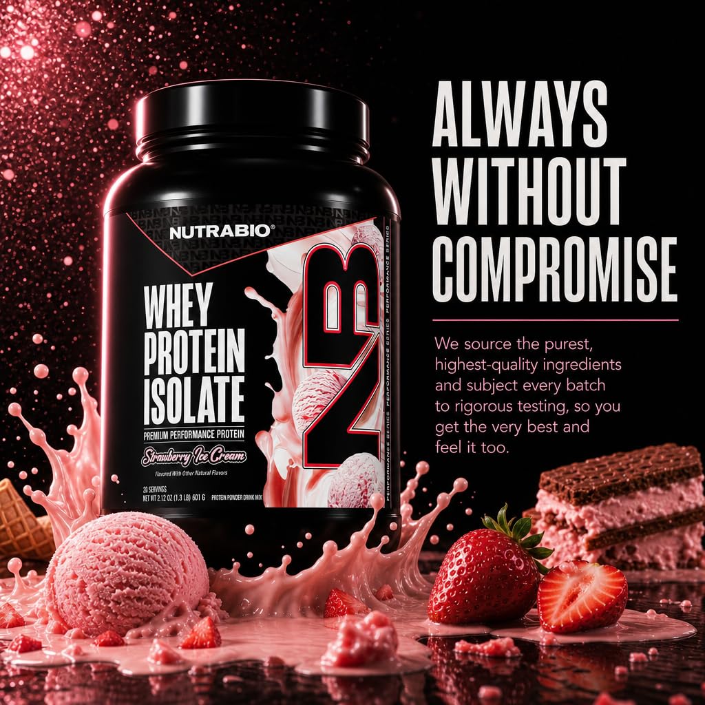 NutraBio 100% Whey Protein Isolate Protein Powder, 25g Protein with Complete Amino Acid Profile, Non-GMO, Soy & Gluten Free, Low Carb, Low Calorie Whey Protein Powder, Strawberry Ice Cream,20 servings