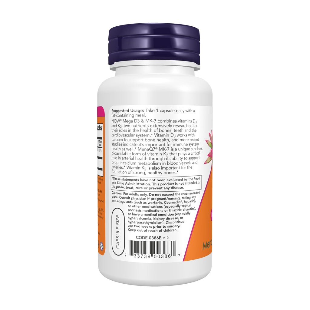 NOW Supplements, Mega D-3 & MK-7, 5000 IU / 180 mcg, Bone & Cardiovascular Support*, Vitamins K-3 & K-2, 120 Capsules