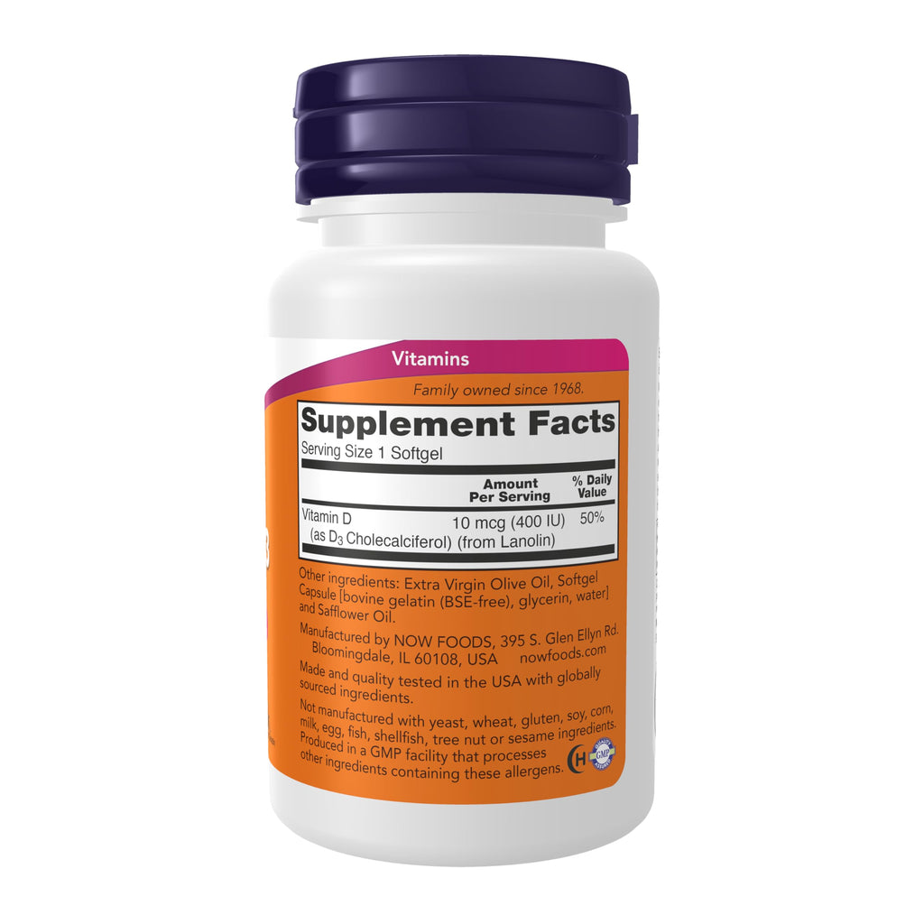 NOW Supplements, Vitamin D-3 400 IU, Strong Bones, 180 Softgels