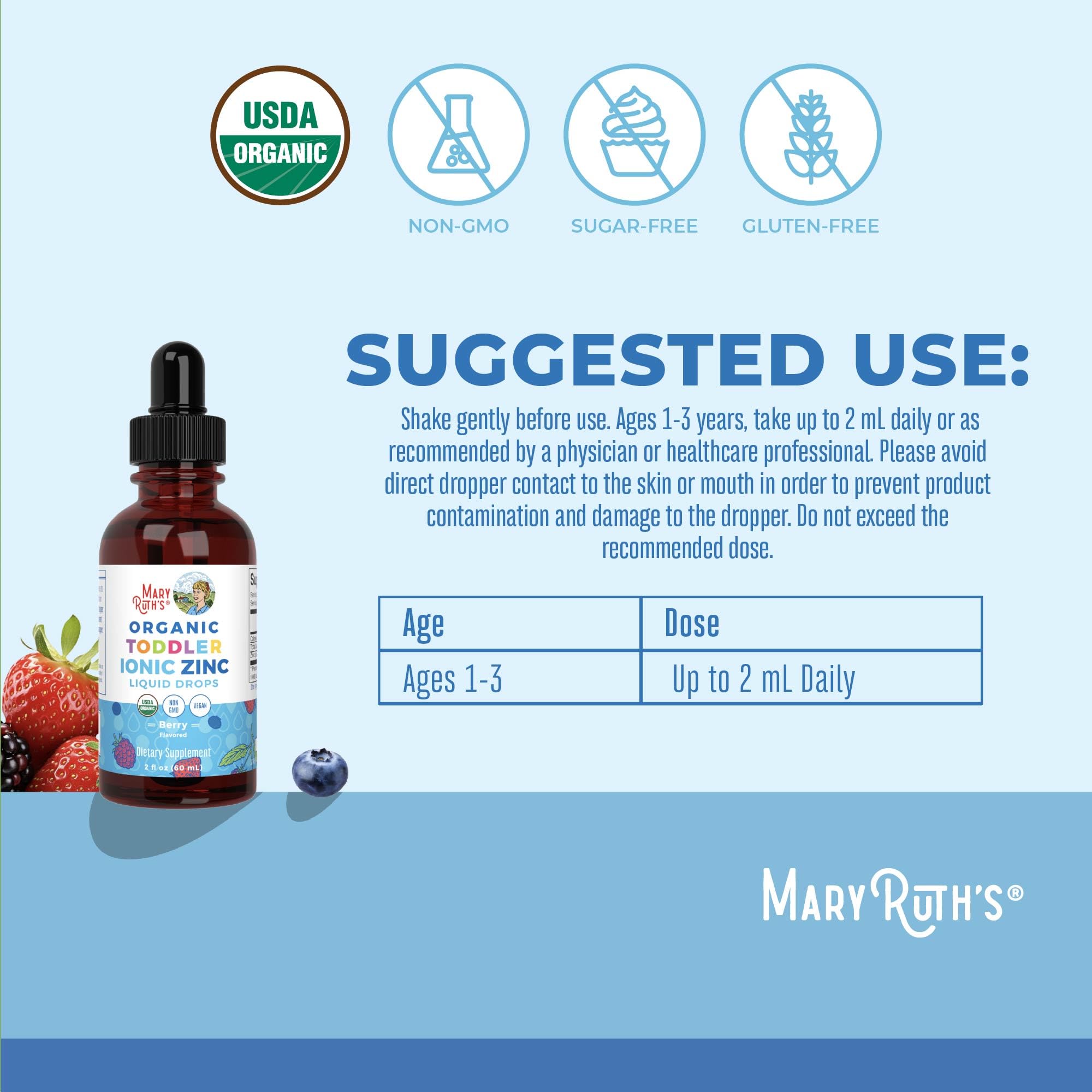 MaryRuth's Organic Toddler Zinc Liquid Drops, Berry Flavor, Vegan, 2 Fl Oz
