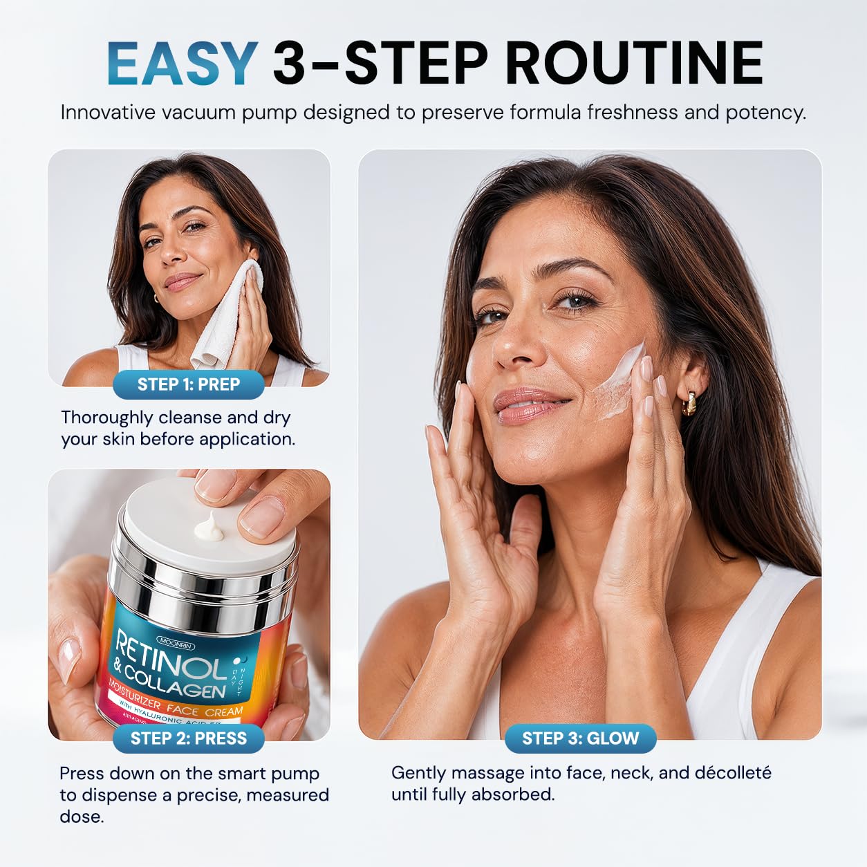 Retinol Cream for Face with Hyaluronic Acid, Day-Night Anti-Aging Moisturizer for Women, Men, Collagen Cream for Face Reduces Wrinkles, Dryness, 1.85 Oz