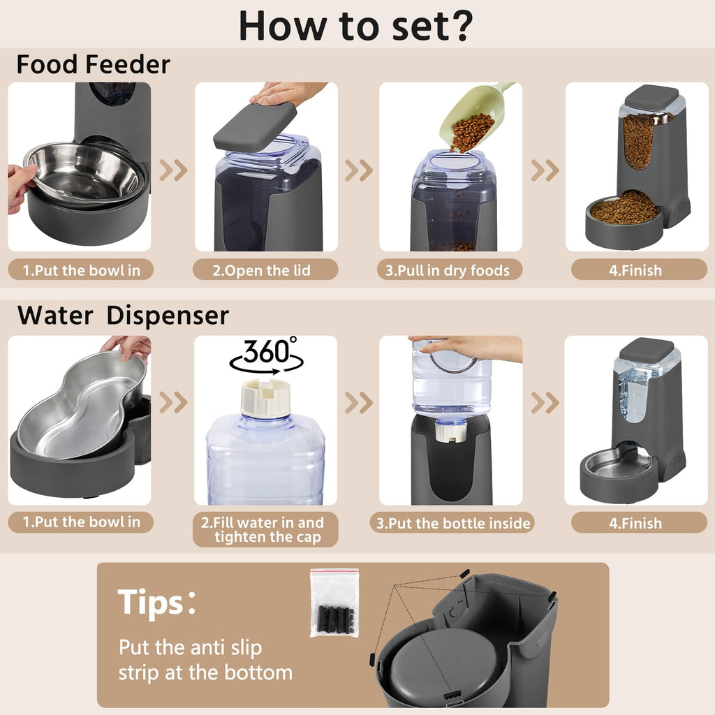2 Pack Automatic Cat Feeder and Gravity Stainless Steel Water Dispenser, Dog Food Feeder and Waterer Set for Small Medium Puppy Kitten Pets (1 Gallon x 2, Gray)
