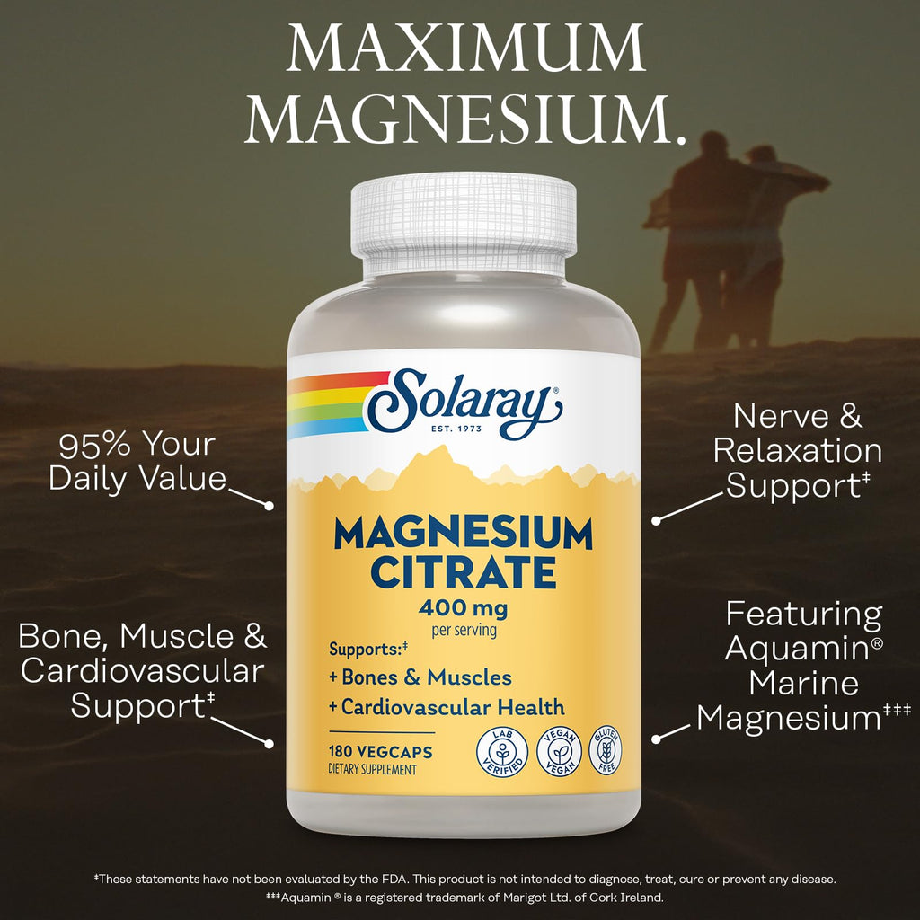 Solaray Magnesium Citrate, 400mg per Serving, 180 Vegan Capsules