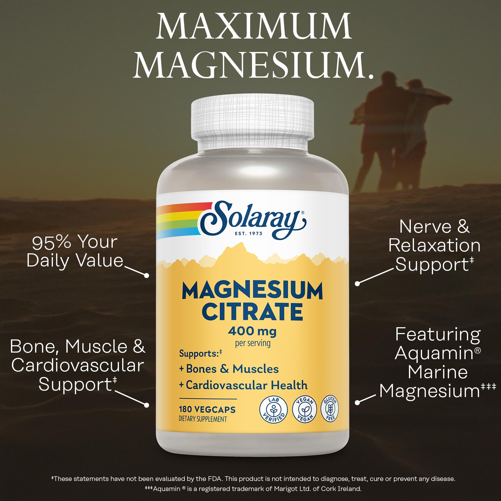 Solaray Magnesium Citrate, 400mg per Serving, 180 Vegan Capsules