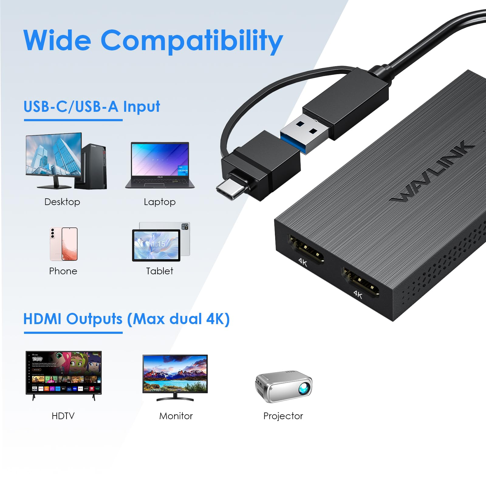 WAVLINK USB 3.0 & USB C to Dual HDMI Adapter 4K@60Hz for Dual Monitor, DisplayLink USB C HDMI Adapter for Apple Mac M1-M5/Macbook Neo, Windows 10/11, ChromeOS (No Linux/iPad/iOS/HDCP), Driver Required