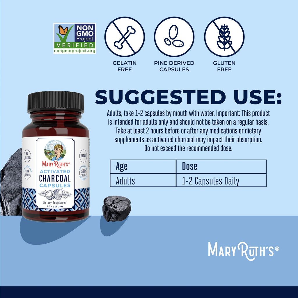 MARYRUTH'S Activated Charcoal Capsules, 950 mg, Non-GMO, Vegan, 40 Count
