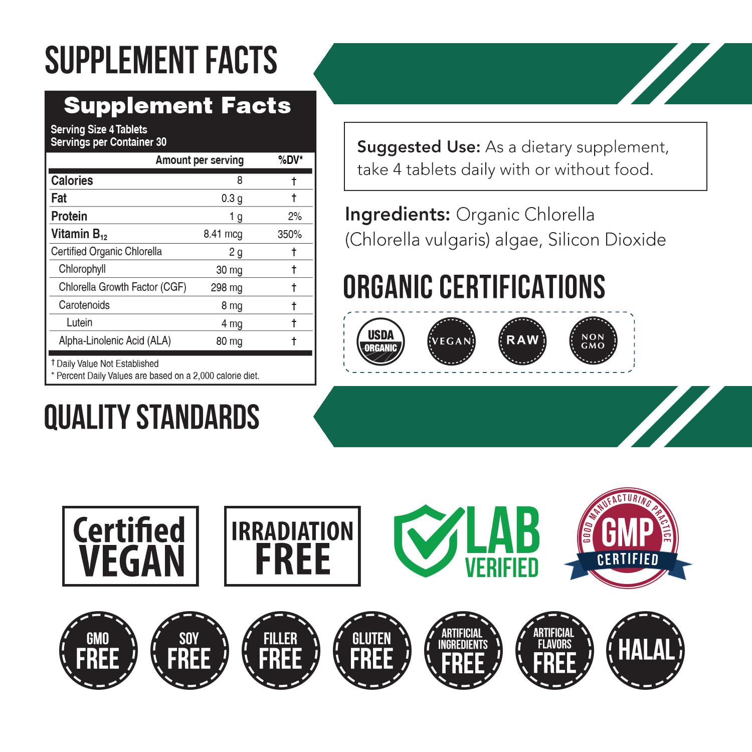 Organic Chlorella: 3 Organic Certifications – Broken Cell Wall Form, Blue Green Algae - Raw, Sun-Grown, Non-Irradiated, Maximum Nutrient & CGF (Chlorella Growth Factor) Levels - (120 Tablets)