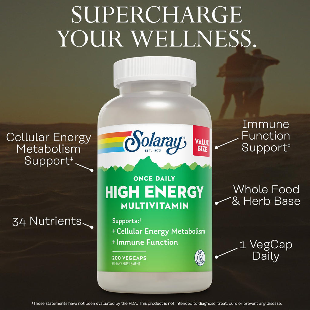SOLARAY Once Daily High Energy Multivitamin for Women and Men – with Vitamin C, Vitamin D and Whole Food & Herb Base - Cellular Energy Metabolism & Immune Function Support – 200 Servings, 200 VegCap