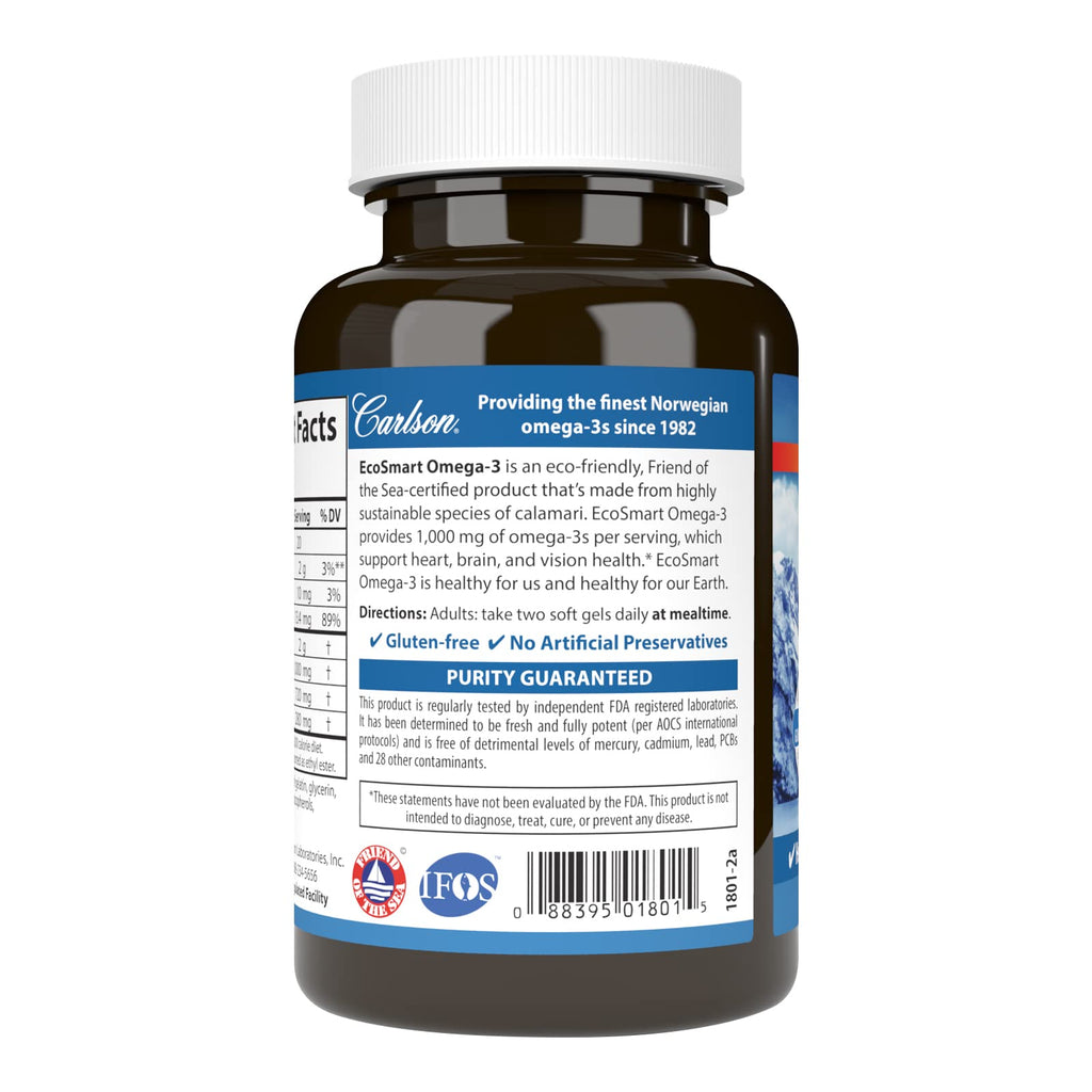 Carlson EcoSmart Omega-3, 1000 mg, Omega-3s, Calamari Oil, 90 Softgels
