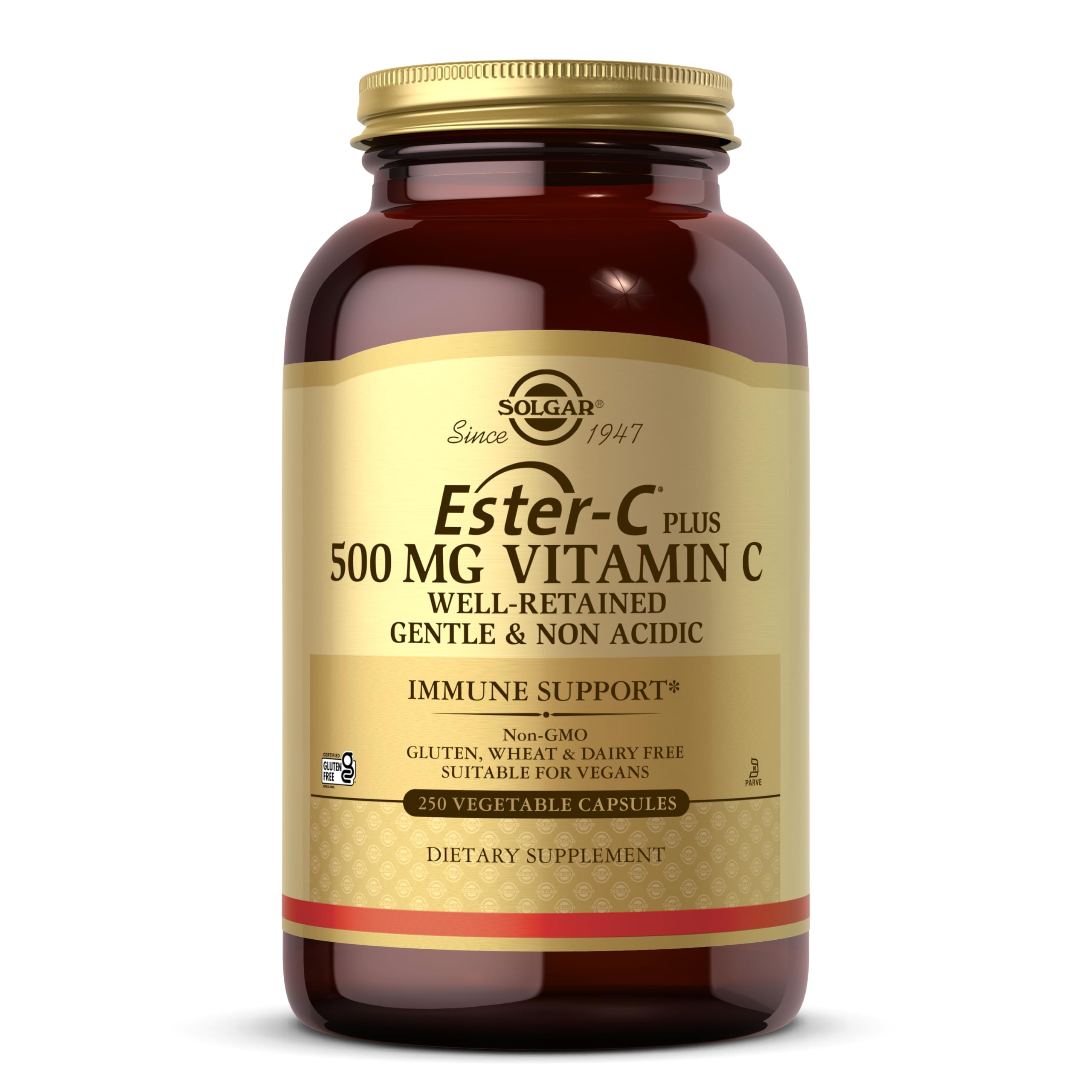 Solgar Ester-C Plus 500 mg Vitamin C (Ascorbate Complex), 250 Vegetable Capsules - Gentle & Non Acidic - Antioxidant & Immune Support - Non GMO, Vegan, Gluten Free, Kosher - 250 Servings