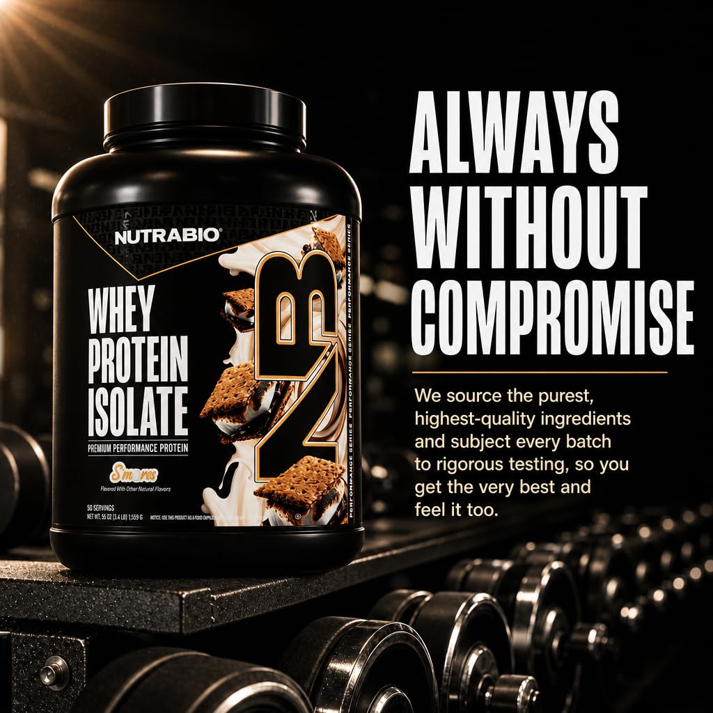 NutraBio 100% Whey Protein Isolate Protein Powder, 25g Protein with Complete Amino Acid Profile, Non-GMO, Soy & Gluten Free, Low Carb, Low Calorie, S'Mores, 50 Servings