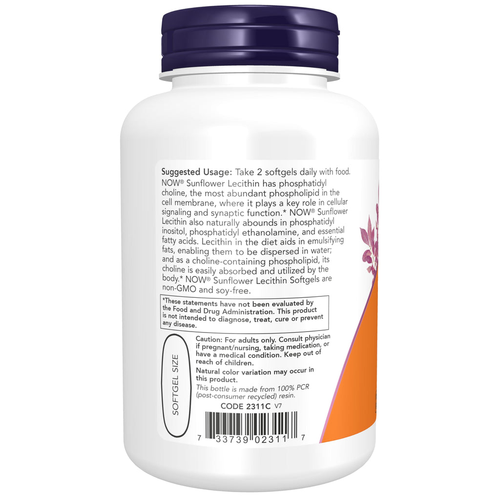 NOW Foods Supplements, Sunflower Lecithin 1200 mg with Phosphatidyl Choline, 100 Softgels