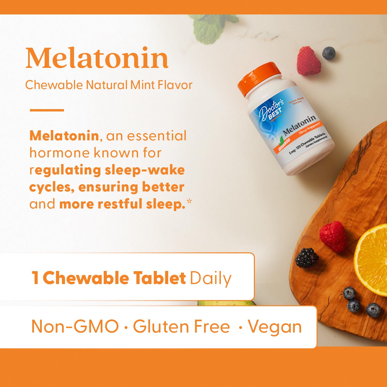 Doctors Best Melatonin 5mg Chewables for Adults - Sleep Support for Men & Women, Melatonin Supplement 5 mg, Gluten Free, Vegan, Non GMO, Natural Mint Flavor - 120 Chewable Tablets