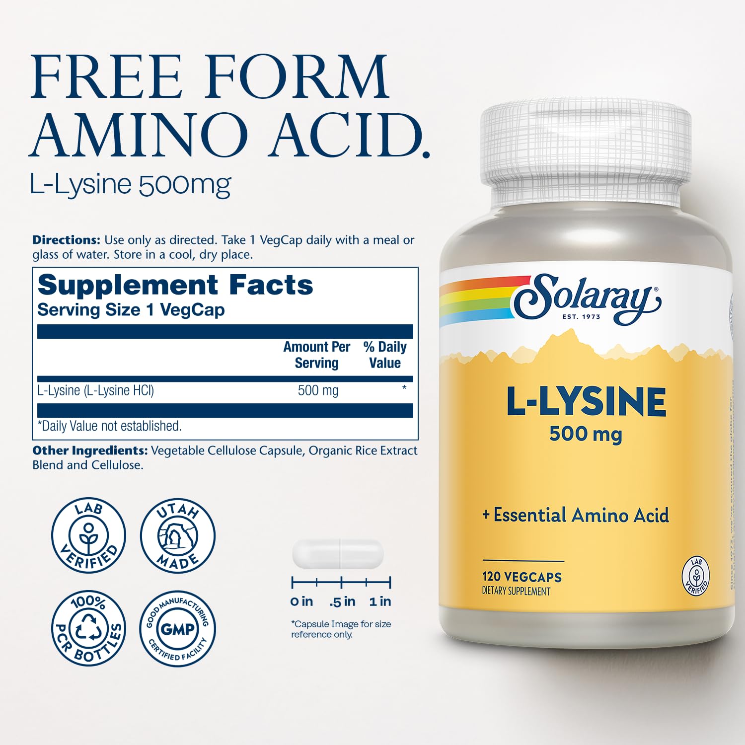 Solaray L-Lysine 500mg, Health Support Pills, 120 Vegan Capsules