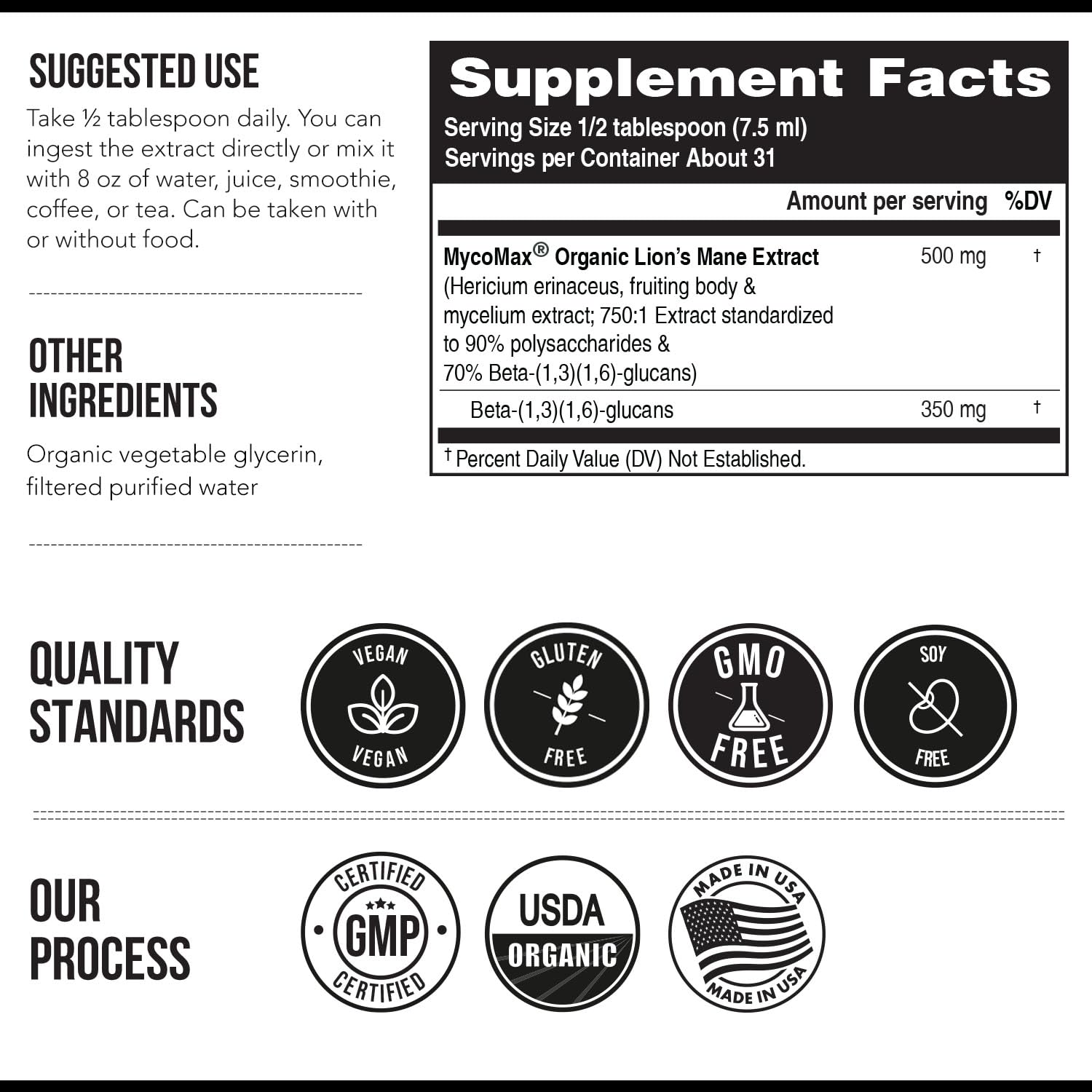 MycoMax Lions Mane Extract - 70% Beta Glucans, Max Potency Organic Lions Mane Supplement, US Grown + Ultrasonic Extraction - 500 mg per serving - Mental Clarity, Focus and Memory - 8 oz.