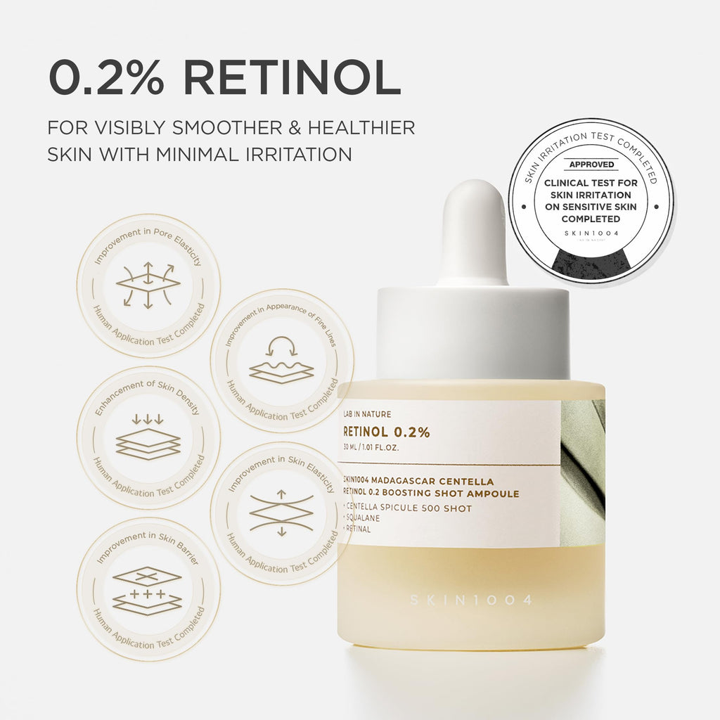 SKIN1004 Retinol 0.2% Boosting Shot Ampoule, Face Serum for Skin Elasticity, Facial Spicule Serum with Retinol & Retinal, Centella Ampoule for Fine Lines & Firmness, Korean Skin Care, 1.01fl.oz / 30ml