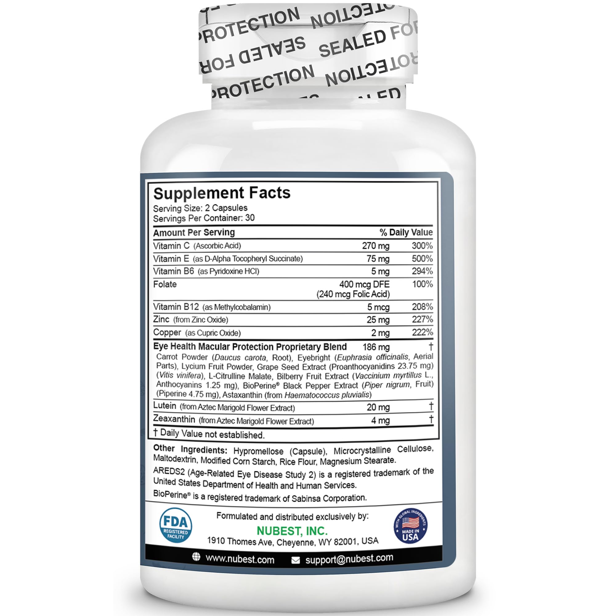 NuBest AREDS 2 Eye Vitamins with Beta Carotene Carrot Powder, 20mg Lutein, 4mg Zeaxanthin, Bilberry, Grape Seed, BioPerine, B-Complex, Multivitamin for Eye Health | 1 Month Supply
