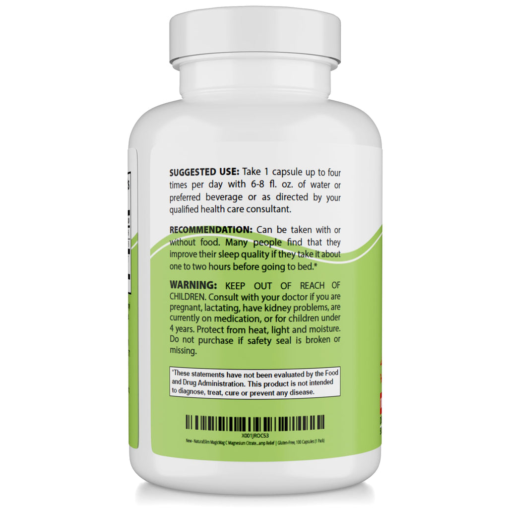 MagicMag C by NaturalSlim, Magnesium Citrate Capsules for Muscle Relaxation, Sleep Quality, Nerve Function & Electrolyte Support, Daily Magnesium Supplement for Men and Women, 100 Capsules 2 pack.