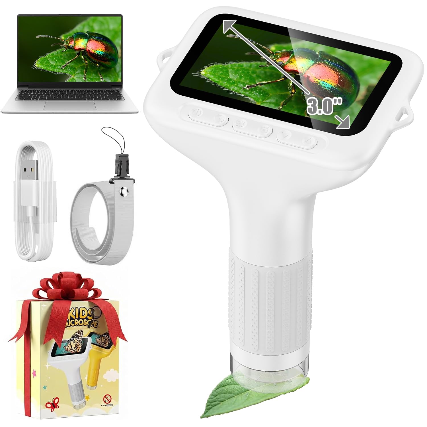 ASPOVEN Kids Microscope, 1000X with 3.0" Large IPS Screen (White)