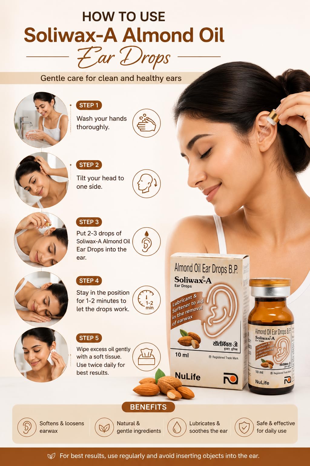 Soliwax Almond Oil Ear Drops 10ml for Natural, Gentle Removal of Excessive Earwax, Natural Earwax Softener | Helps Loosen & Soften Hardened Ear Wax | Lubricating Ear Care Drops