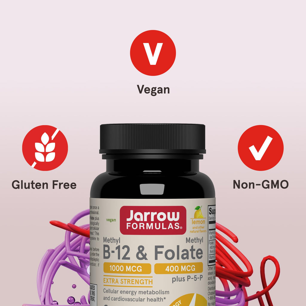 Jarrow Formulas Methyl B-12 & Methyl Folate, Bioactive Vitamin B9 & Vitamin B12 Supplement, Supports Cellular Energy Production, Healthy Brain Function & Metabolism, 100 Chewable Tablets, 100 Servings