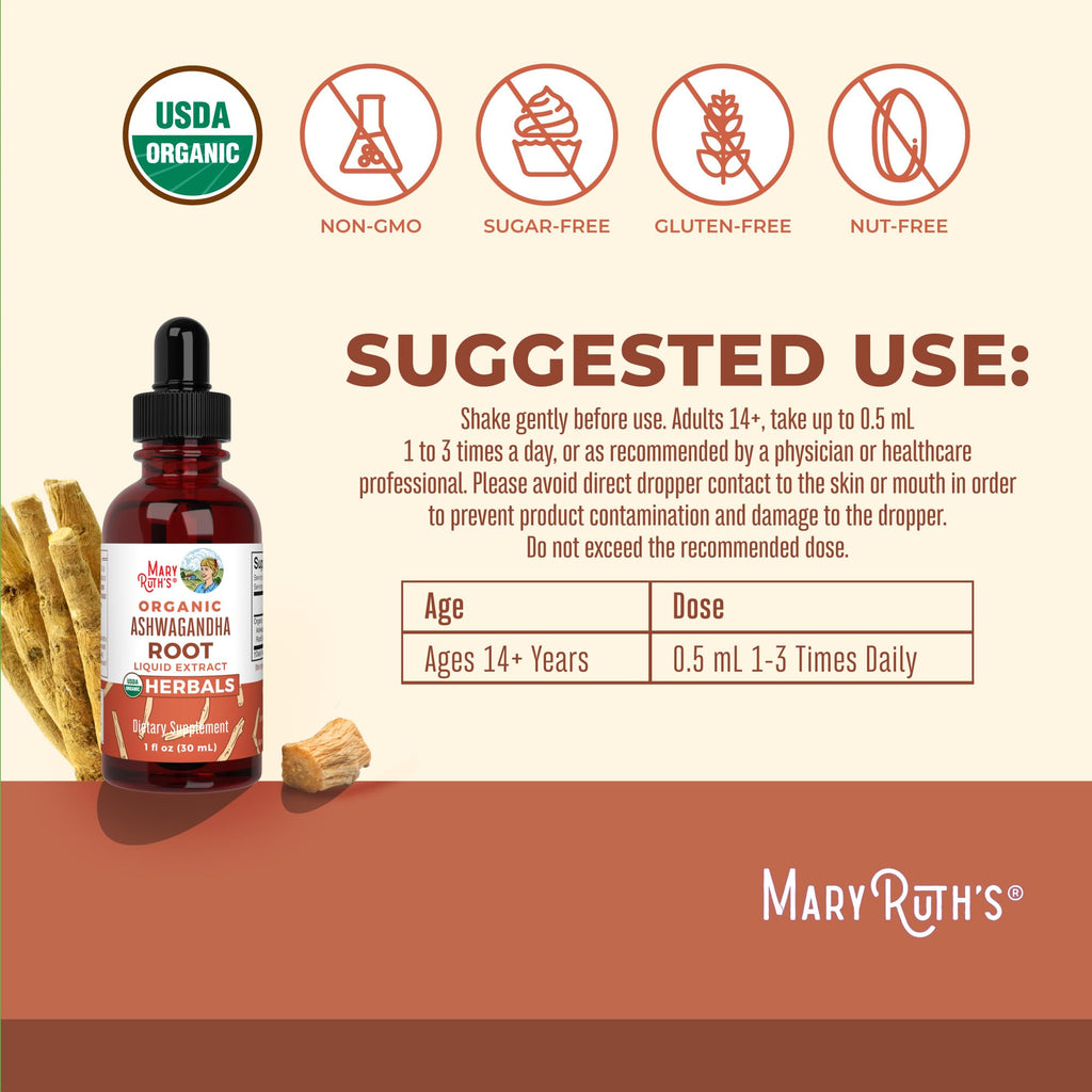 MARYRUTH'S Ashwagandha Root Liquid Drops, Mood & Stress Support Supplement
