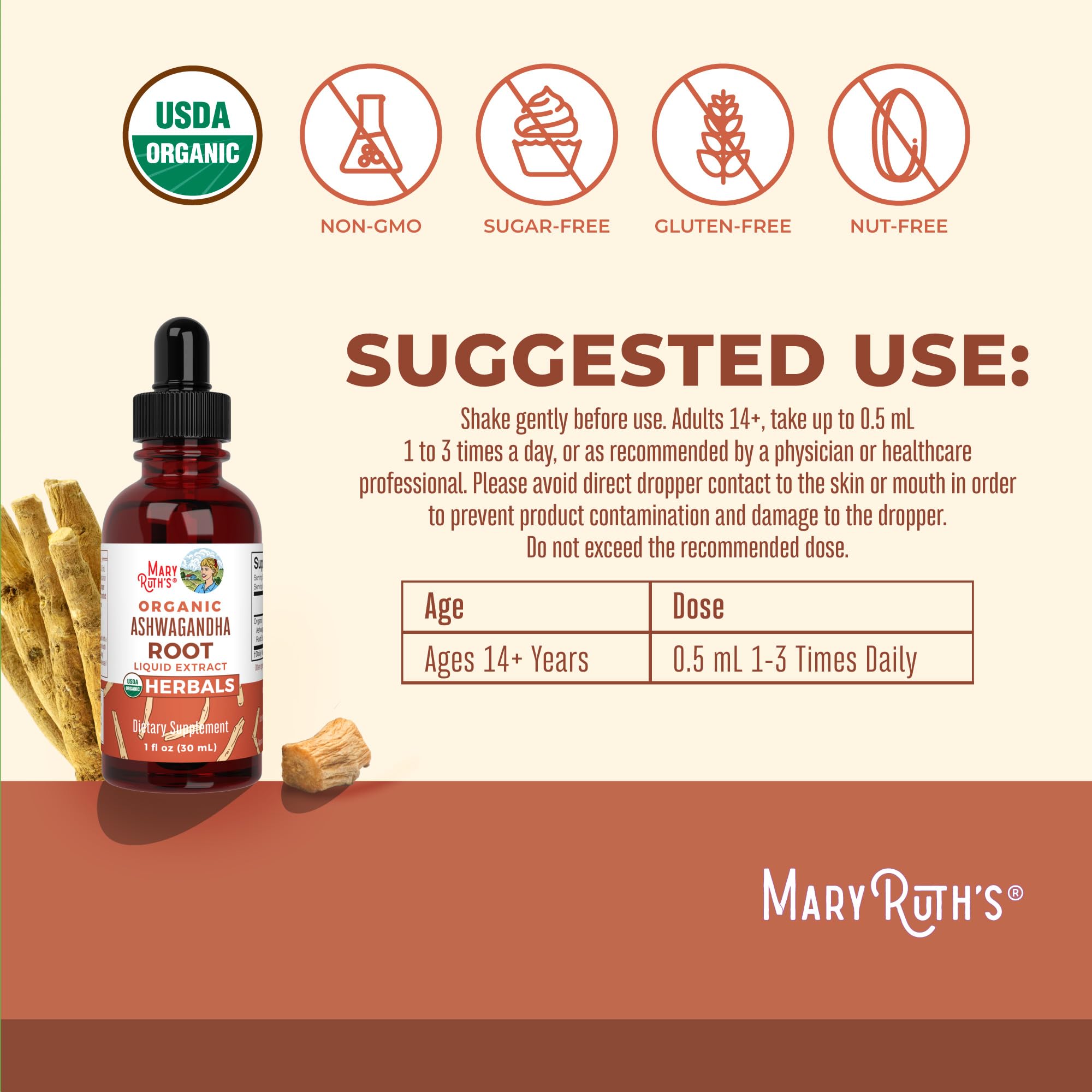 MARYRUTH'S Ashwagandha Root Liquid Drops, Mood & Stress Support Supplement