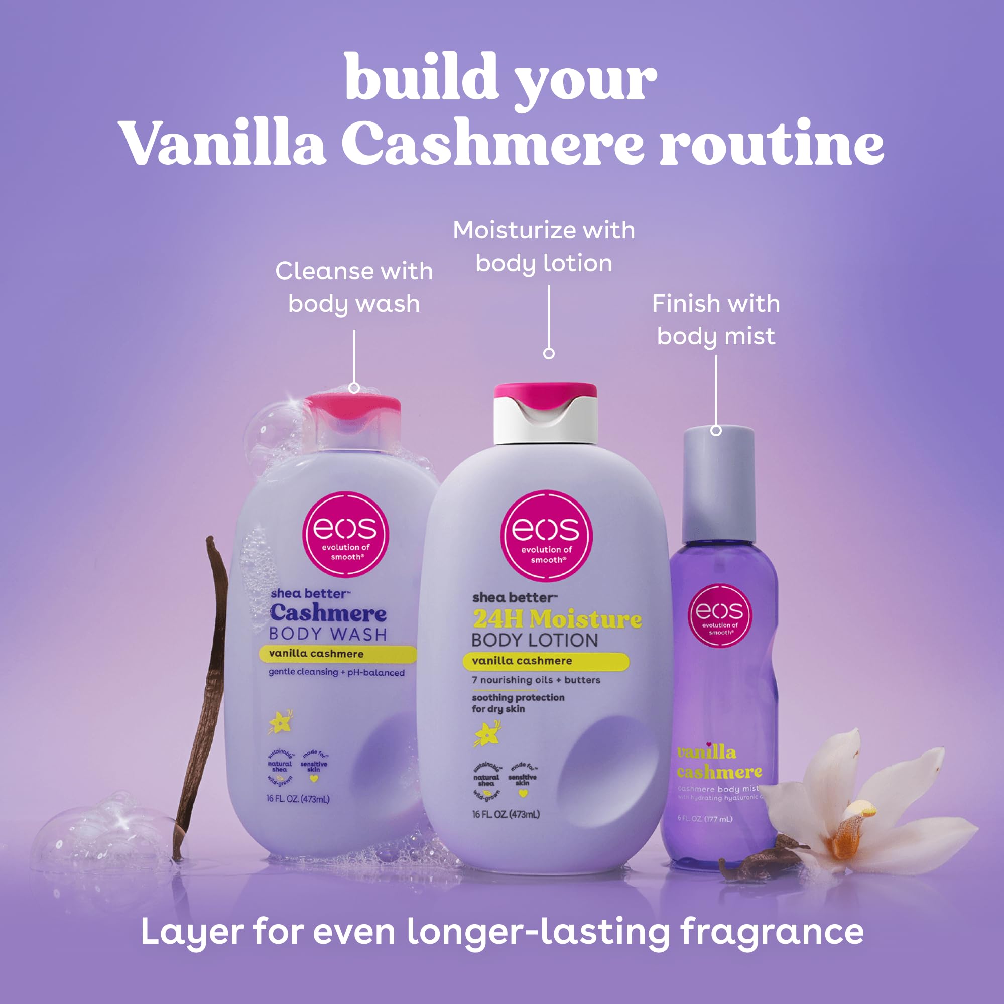 eos Cashmere Body Mist, Vanilla Cashmere, soft musk, cozy caramel, hair mist, body spray for women, moisturizing, hyaluronic acid, body spray, vegan, cruelty-free, 6 fl oz