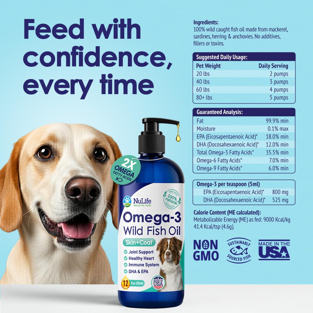 Wild Omega 3 Fish Oil for Dogs - Dog Fish Oil Liquid to Reduce Shedding & Itching - Supports Joints, Brain, and Heart Health - Fish Oil for Dogs Skin and Coat Supplement - Rich in EPA + DHA - 12oz