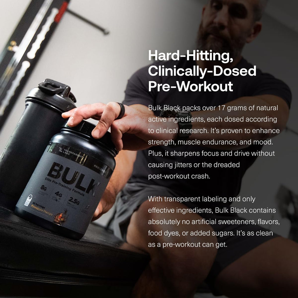 Transparent Labs Bulk Black Pre Workout - Clinically Dosed, Sugar Free Preworkout for Men and Women with Beta Alanine Powder, Citrulline Malate, & Caffeine - 30 Servings, Black Cherry