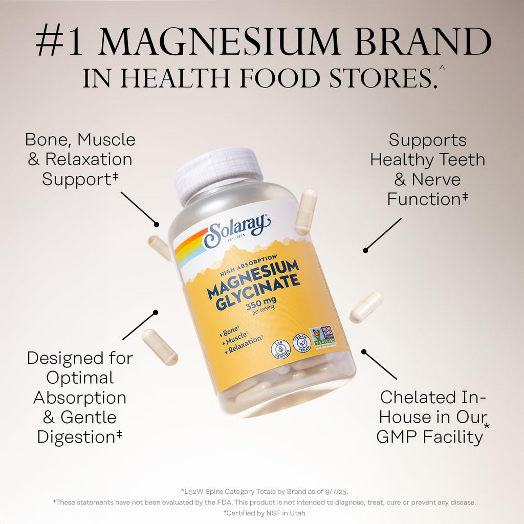 Solaray Magnesium Glycinate, New & Improved Fully Chelated Bisglycinate with BioPerine, High Absorption Formula, Stress, Bones, Muscle & Relaxation Support, 60 Day Guarantee, 60 Servings, 240 VegCaps
