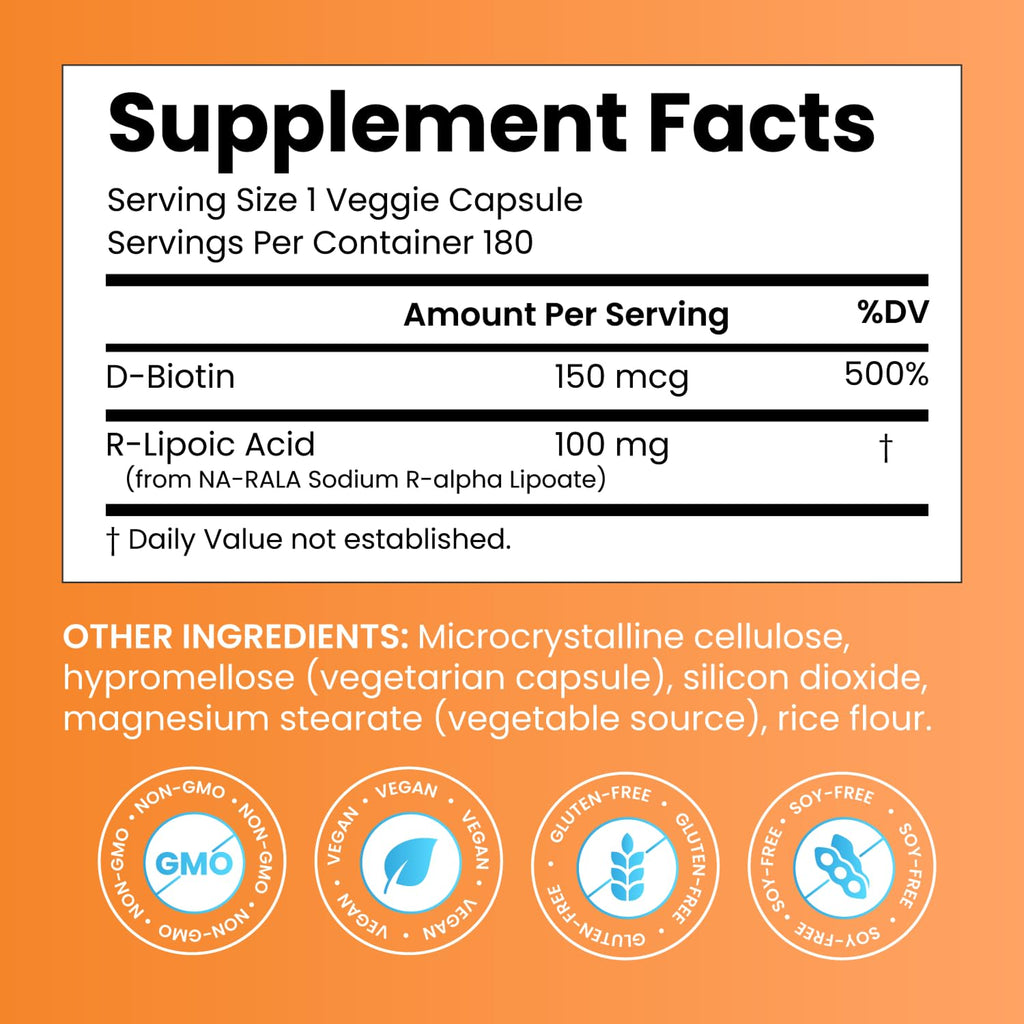Doctor's BEST Stabilized R-Lipoic Acid Supplement 100 mg - R-Alpha Lipoic Acid Capsules for Men & Women, Formula with D-Biotin, Antioxidant & Metabolic Response Support, Vegan - 180 Veg Caps