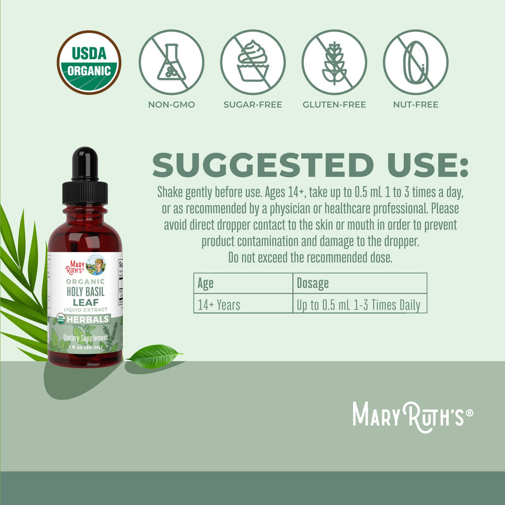 MARYRUTH'S Organic Holy Basil Leaf Liquid Drops, Vegan, Non-GMO, 1oz