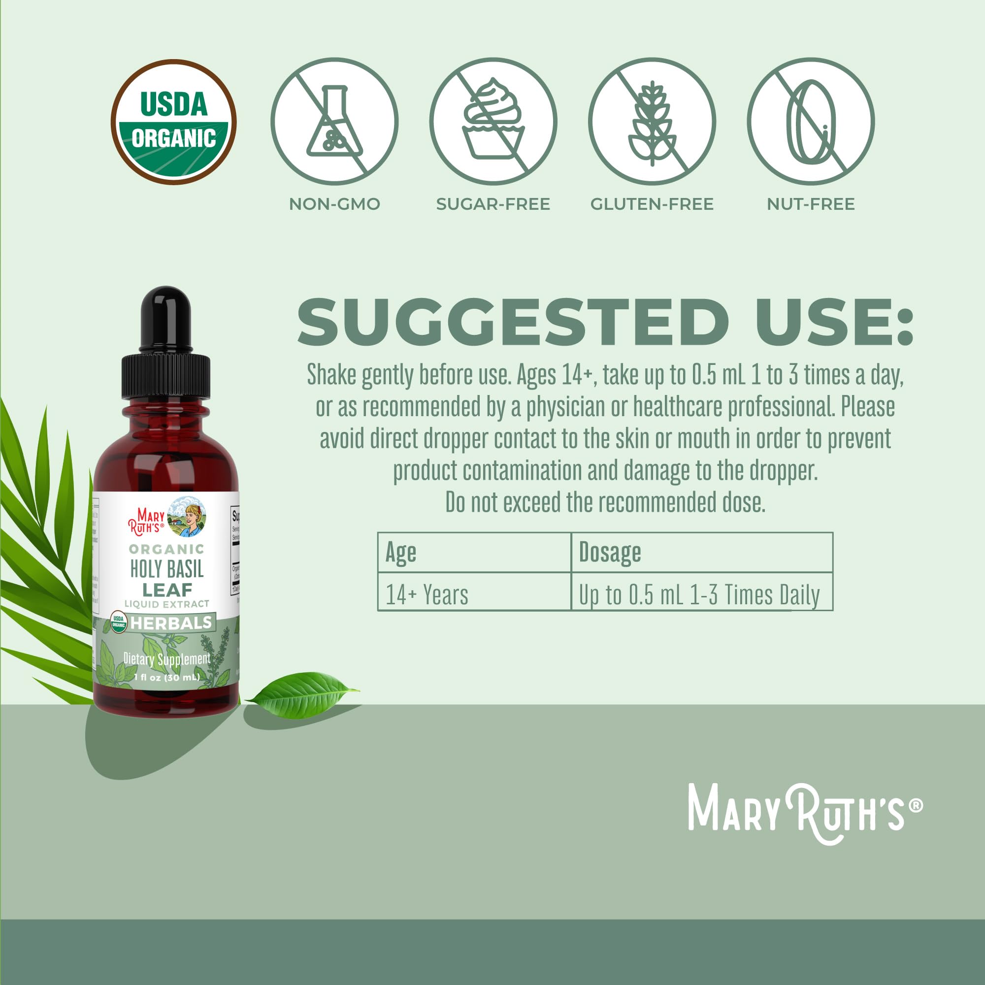 MARYRUTH'S Organic Holy Basil Leaf Liquid Drops, Vegan, Non-GMO, 1oz