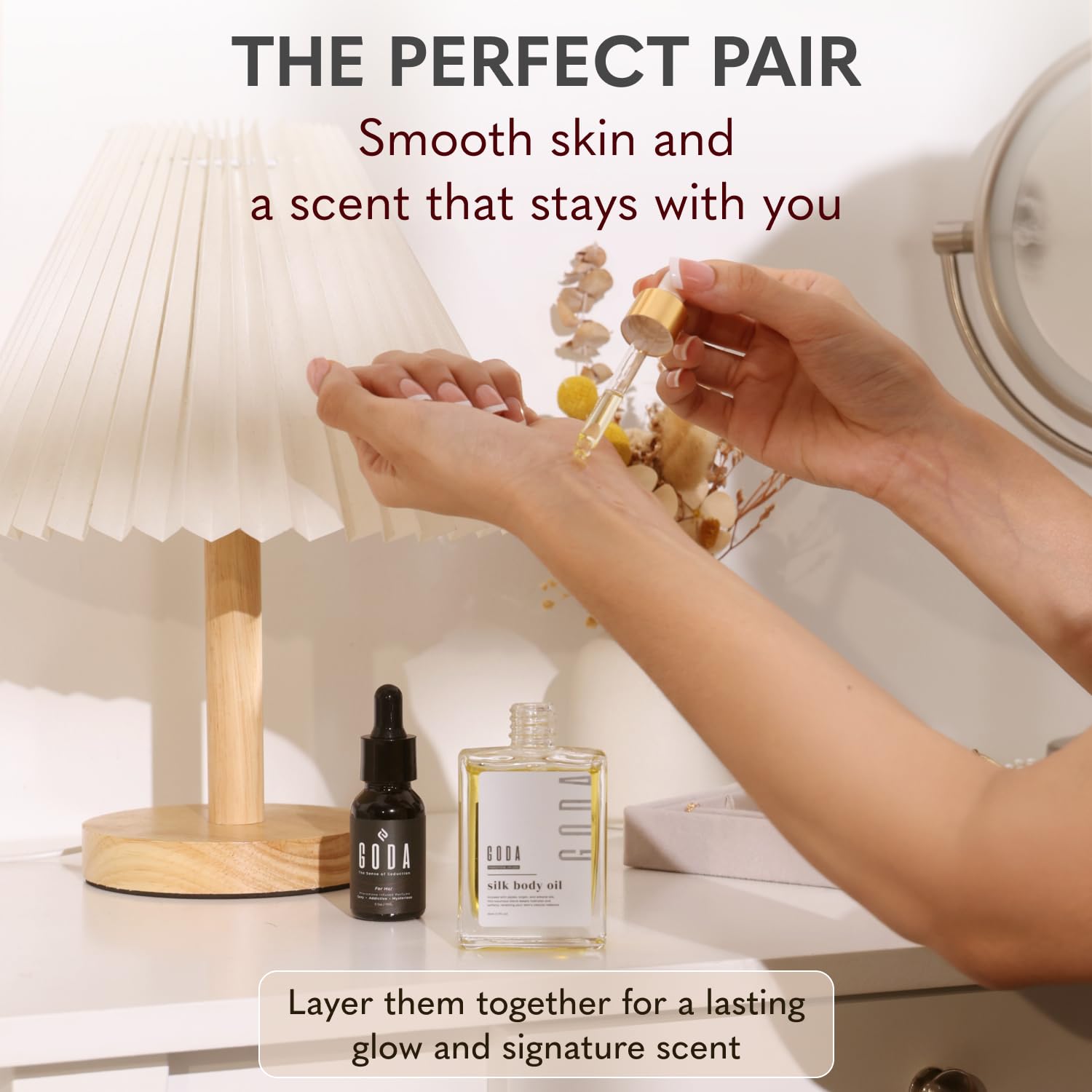 GODA Pheromones Perfume for Women + Silk Body Oil Bundle – Long-Lasting Floral Fragrance with Jasmine & Rose + Firming Anti-Aging Hydrating Body Oil 100ml – Vegan, Cruelty-Free, Luxury Gift Set, 15ml