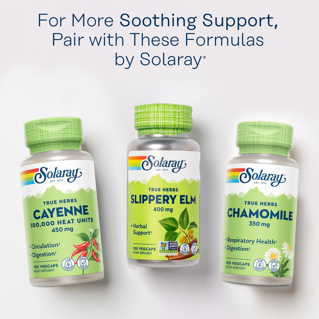 SOLARAY Slippery Elm Bark Capsules (Ulmus Rubra) 400 mg - Soothing Herbal Support with Mucilage - Vegan, Lab Verified - 100 Servings, 100 VegCaps
