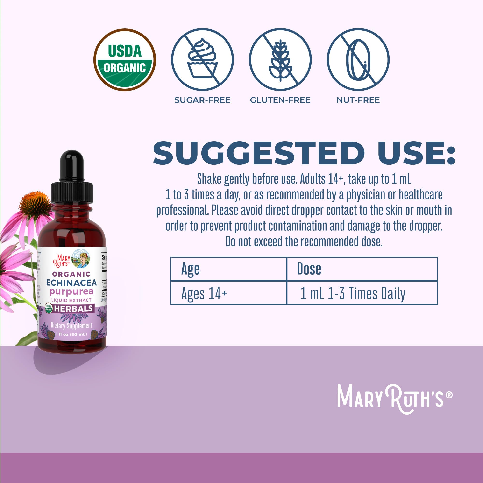 MARYRUTH'S Organic Echinacea Purpurea Liquid, Sugar Free, Non-GMO, 1 Fl Oz