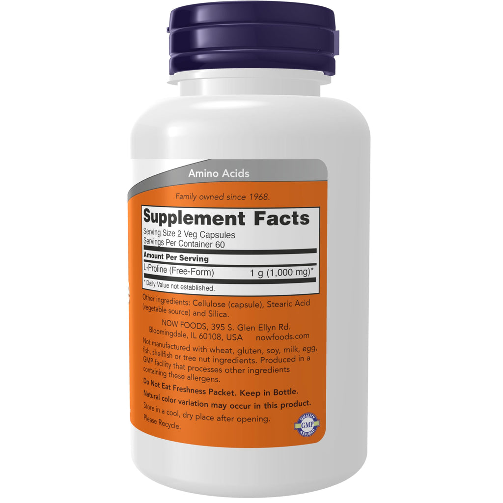 NOW Supplements, L-Proline 500 mg, Collagen Production*, 120 Veg Caps