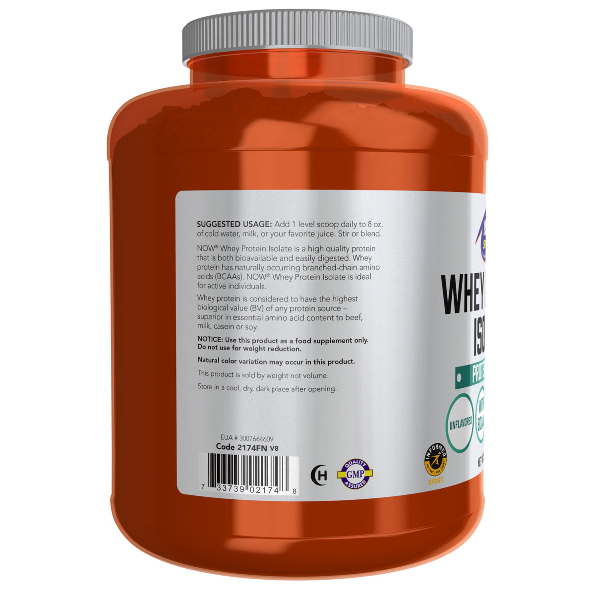 NOW Sports, Whey Protein Isolate 24 g With BCAAs, Unflavored Powder, 5 lbs