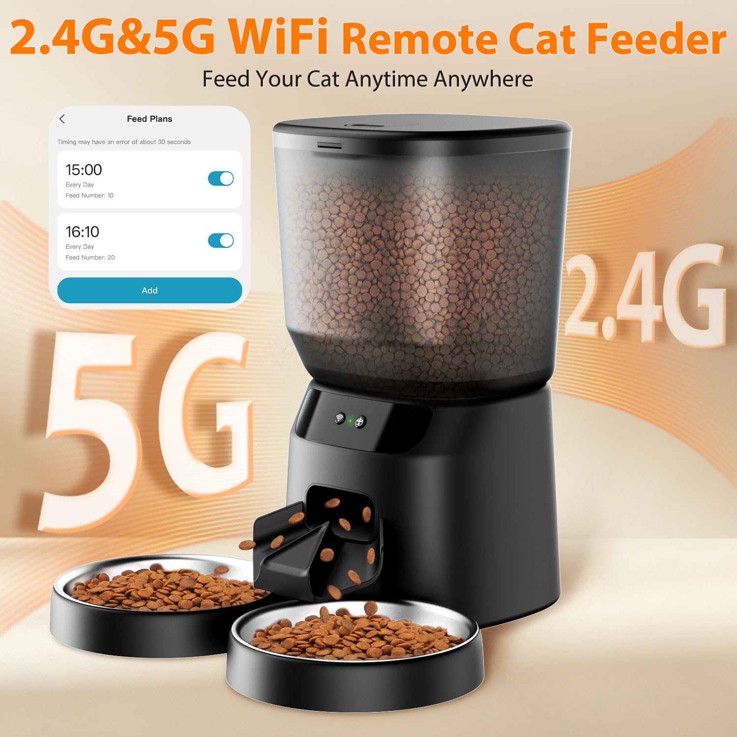 Automatic Cat Feeders WiFi for Two Cats, 5L/20 Cups Double Automatic Cat Food Dispenser with APP Control, 2 Stainless Bowls, Timer Setting 20 Portions 10 Meals Per Day