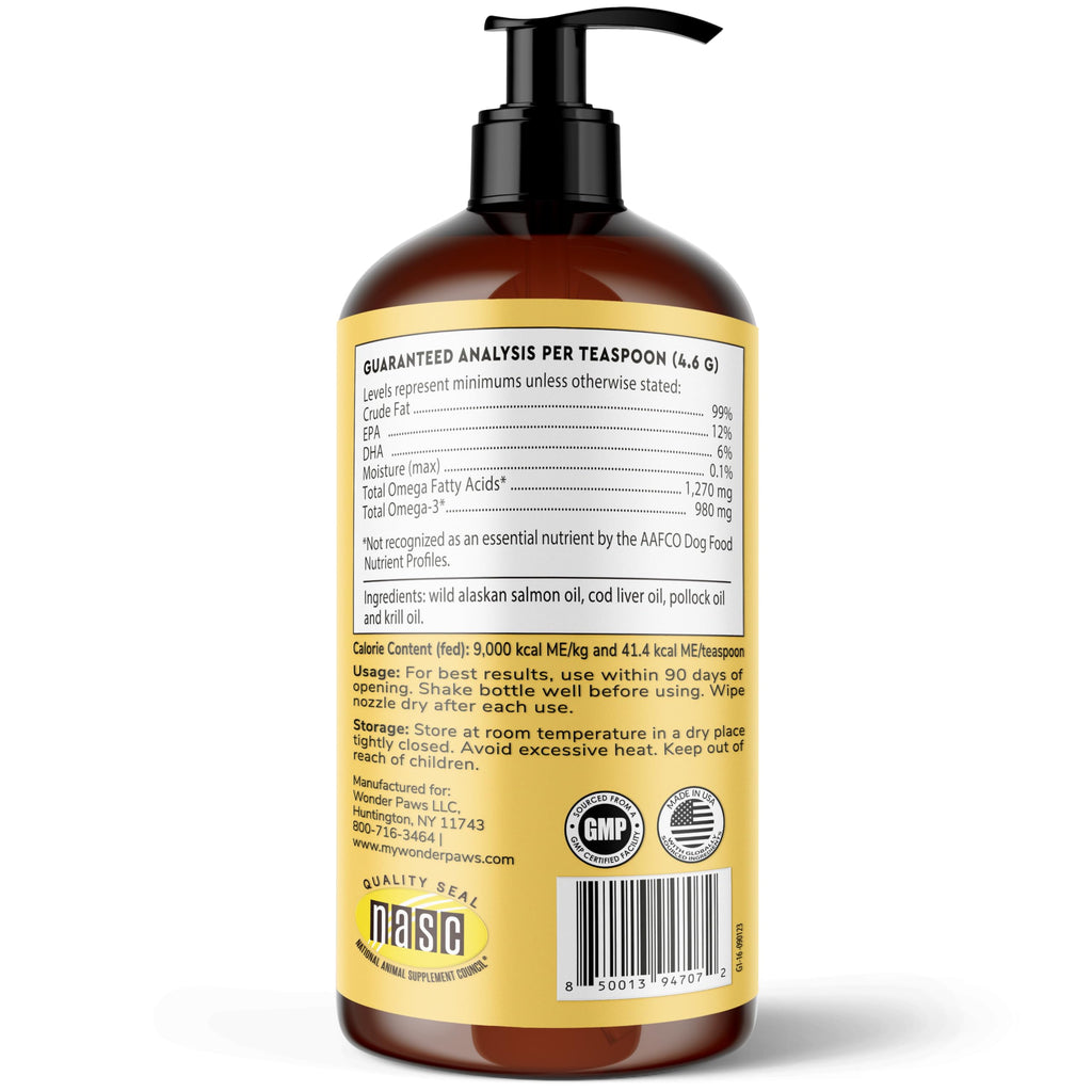 Wonder Paws Fish Oil for Dogs - Omega 3 for Dogs from Alaskan Salmon, Cod & Krill Oil - EPA DHA Fatty Acids - Less Shedding & Itching - Skin, Joint, Immune & Heart Health - Liquid Supplement (16 oz)