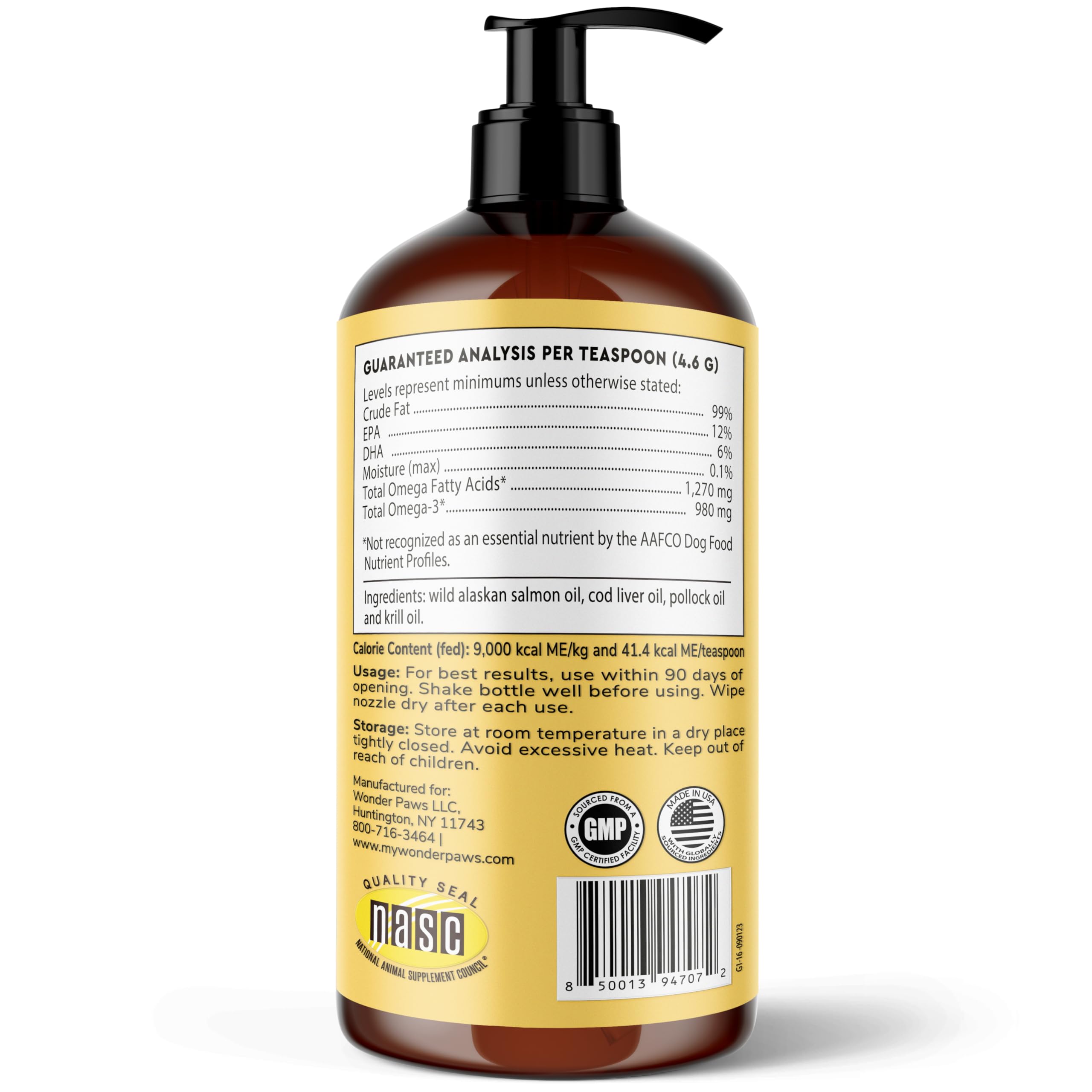 Wonder Paws Fish Oil for Dogs - Omega 3 for Dogs from Alaskan Salmon, Cod & Krill Oil - EPA DHA Fatty Acids - Less Shedding & Itching - Skin, Joint, Immune & Heart Health - Liquid Supplement (16 oz)