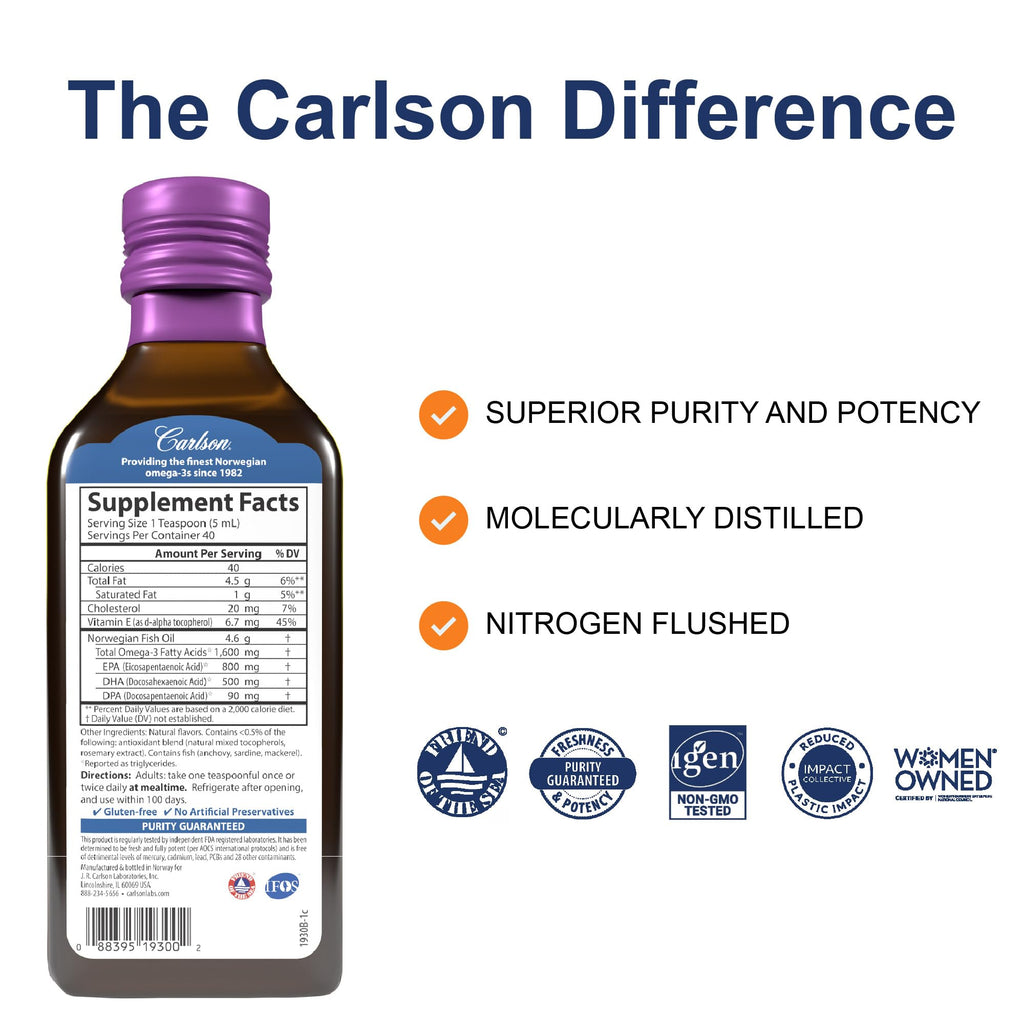 Carlson The Very Finest Fish Oil, 1600 mg, Omega-3s, 200 mL (6.7 Fl Oz)
