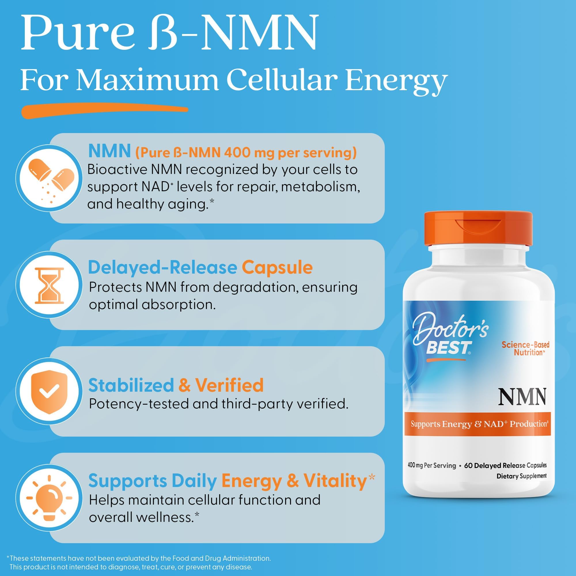 Doctor's Best NMN Supplement for Women & Men - Supports NAD+ Production & Cellular Energy, Beta Nicotinamide Mononucleotide, 200 mg per Capsule, Vegan, Non GMO - 60 Veg Caps