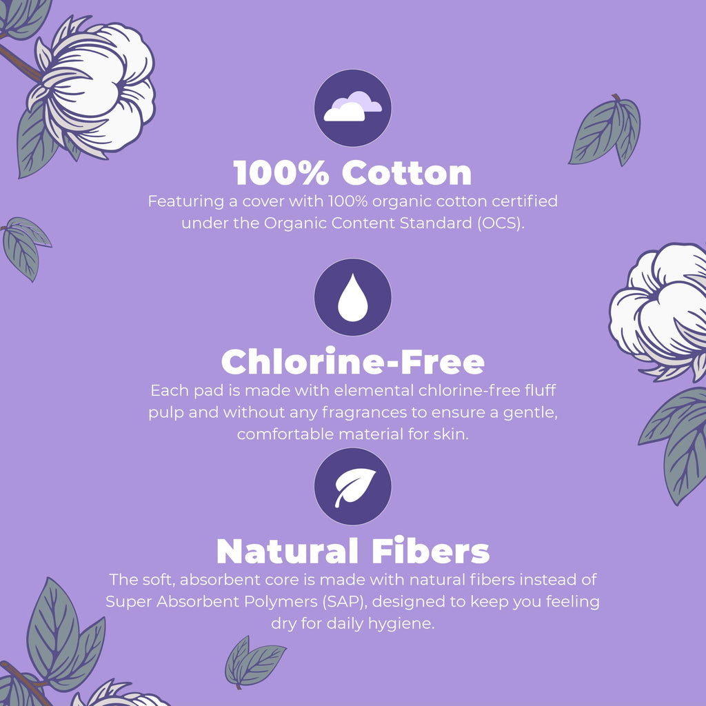 MaryRuth's Organic Cotton Cover Pads with Wings - Large - Unscented - Elemental Chlorine Free - OCS Certified Cotton - SAP-Free Core - Rated Excellent for Skin Comfort by Dermatest - 20 Count