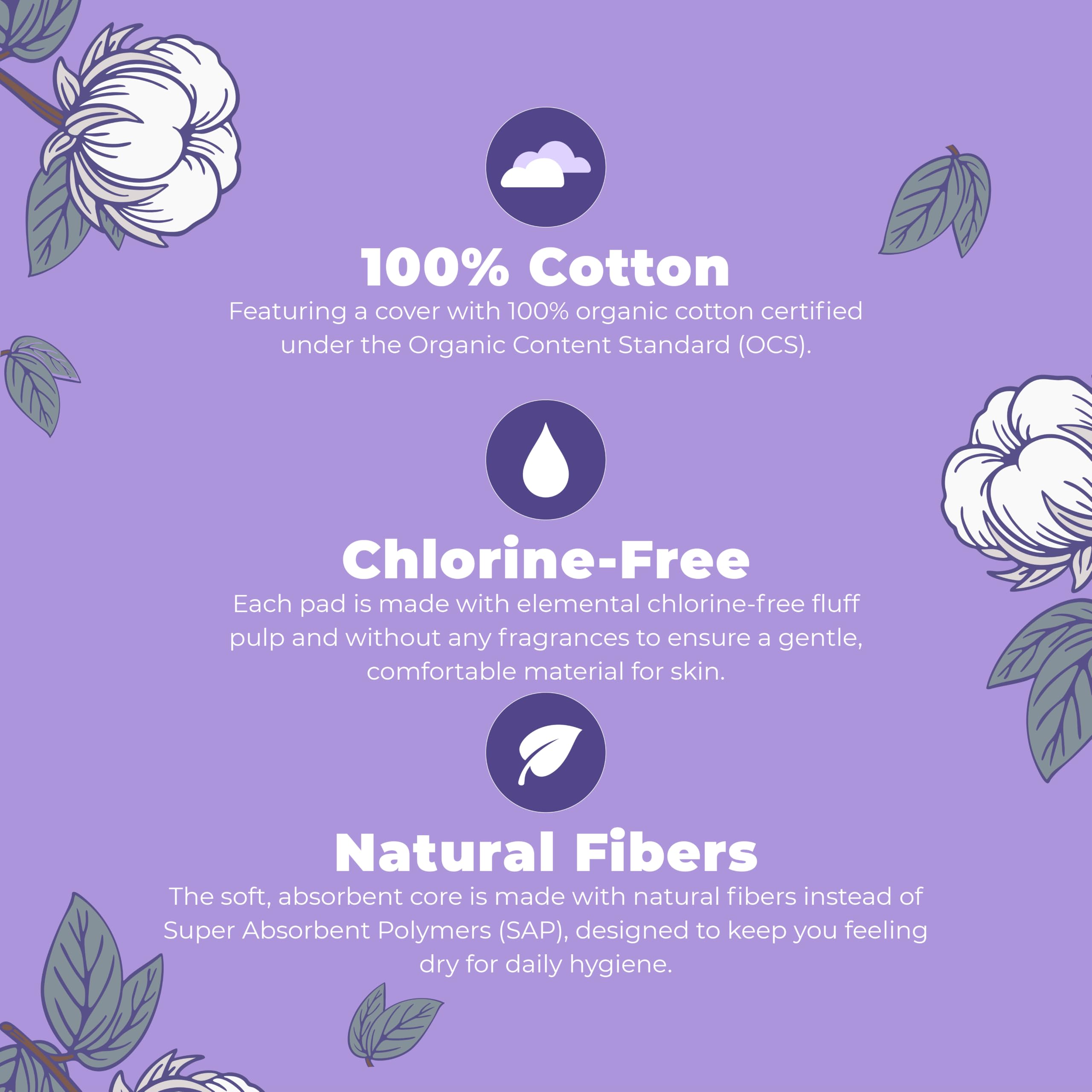 MaryRuth's Organic Cotton Cover Pads with Wings - Large - Unscented - Elemental Chlorine Free - OCS Certified Cotton - SAP-Free Core - Rated Excellent for Skin Comfort by Dermatest - 20 Count