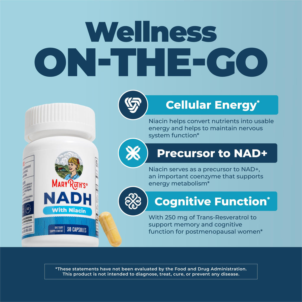 MARYRUTH'S NADH Capsules, Niacin, NAD+ Precursor, 30 Servings, CoQ10, Vegan